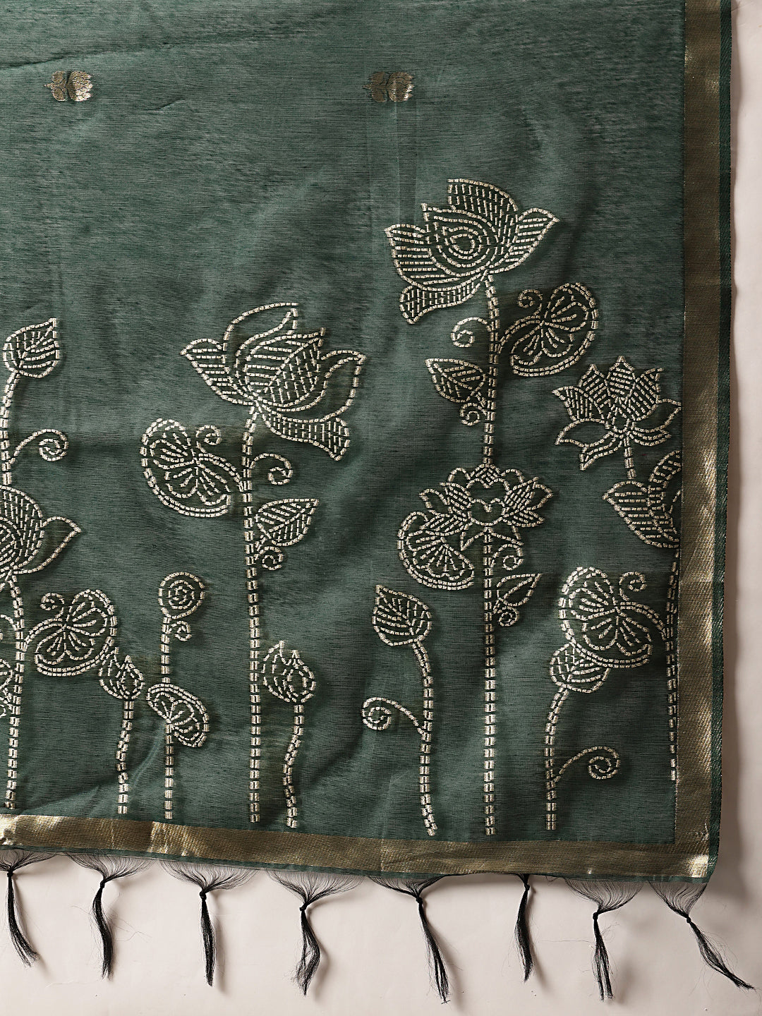 Cotton Blend Woven Design Handloom Premium Jamdani Saree With Tassels