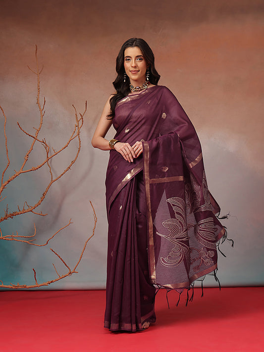 Cotton Blend Woven Design Handloom Premium Jamdani Saree With Tassels