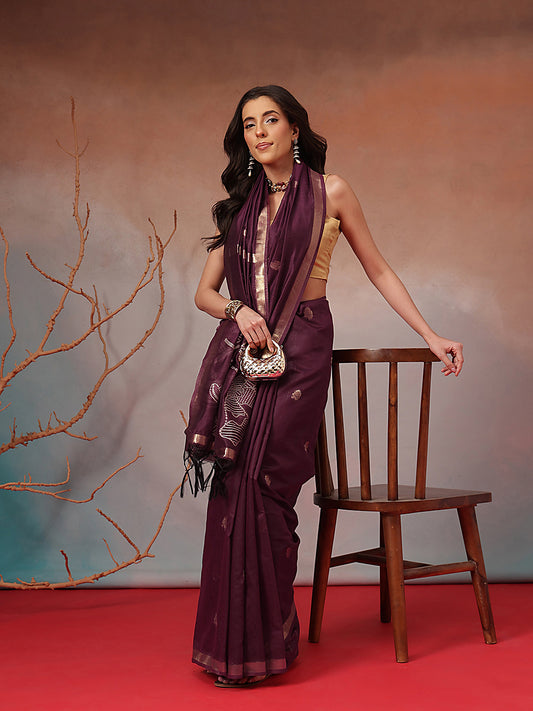 Cotton Blend Woven Design Handloom Premium Jamdani Saree With Tassels