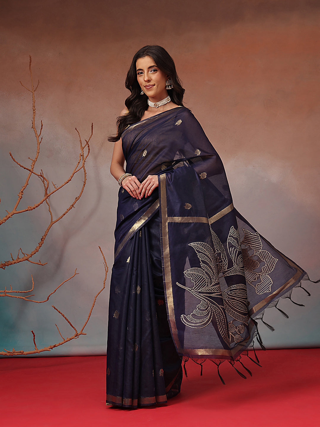 Cotton Blend Woven Design Handloom Premium Jamdani Saree With Tassels
