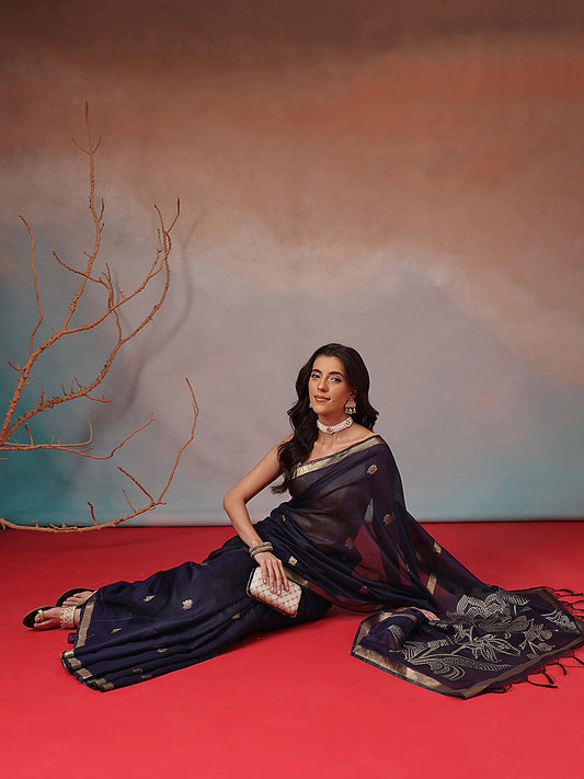 Cotton Blend Woven Design Handloom Premium Jamdani Saree With Tassels