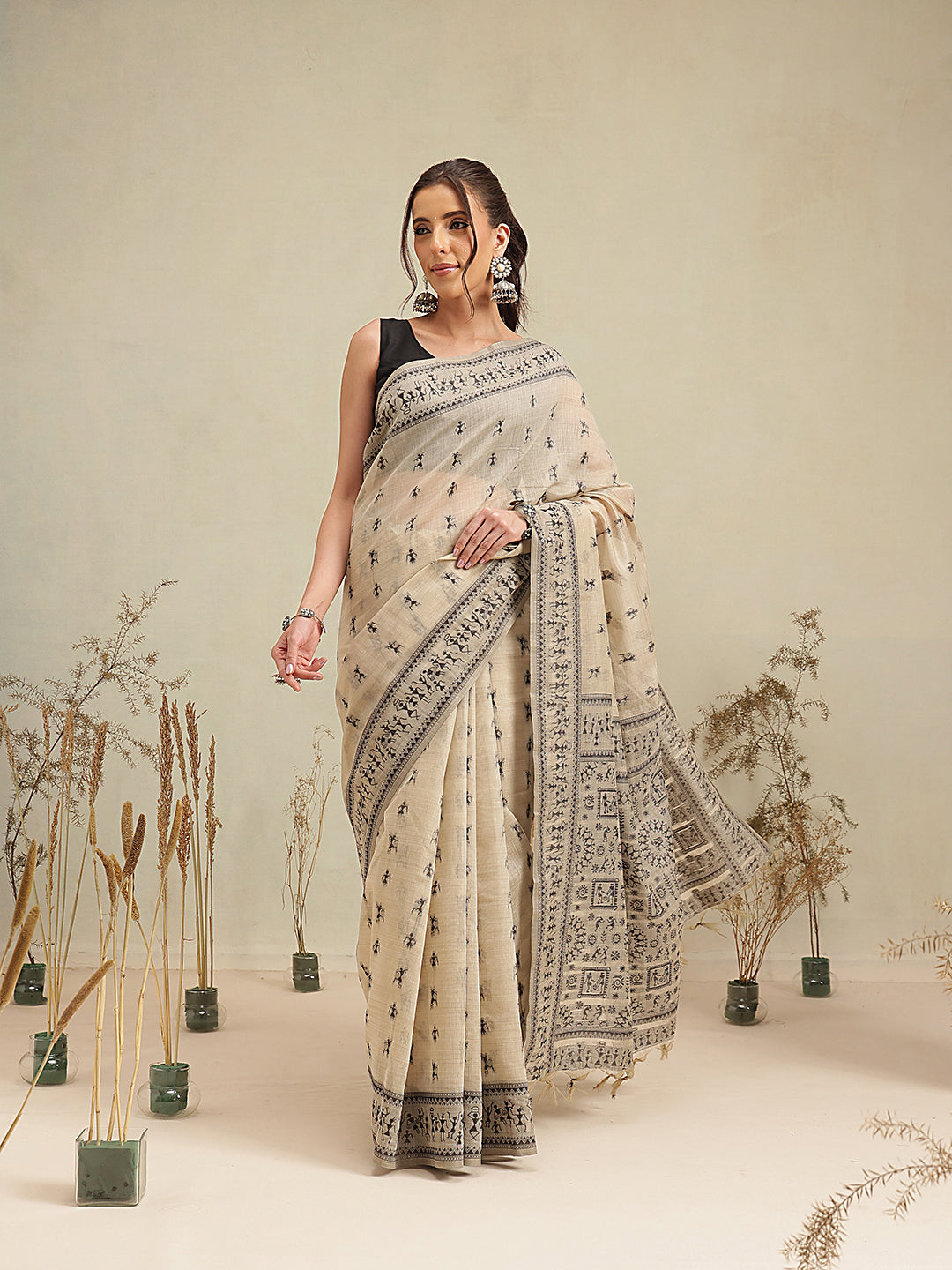 Cotton Blend Woven Design Handloom Premium Jamdani Saree With Tassels