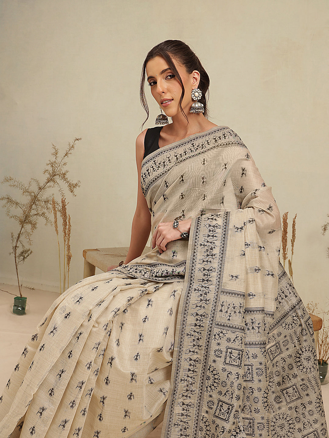 Cotton Blend Woven Design Handloom Premium Jamdani Saree With Tassels