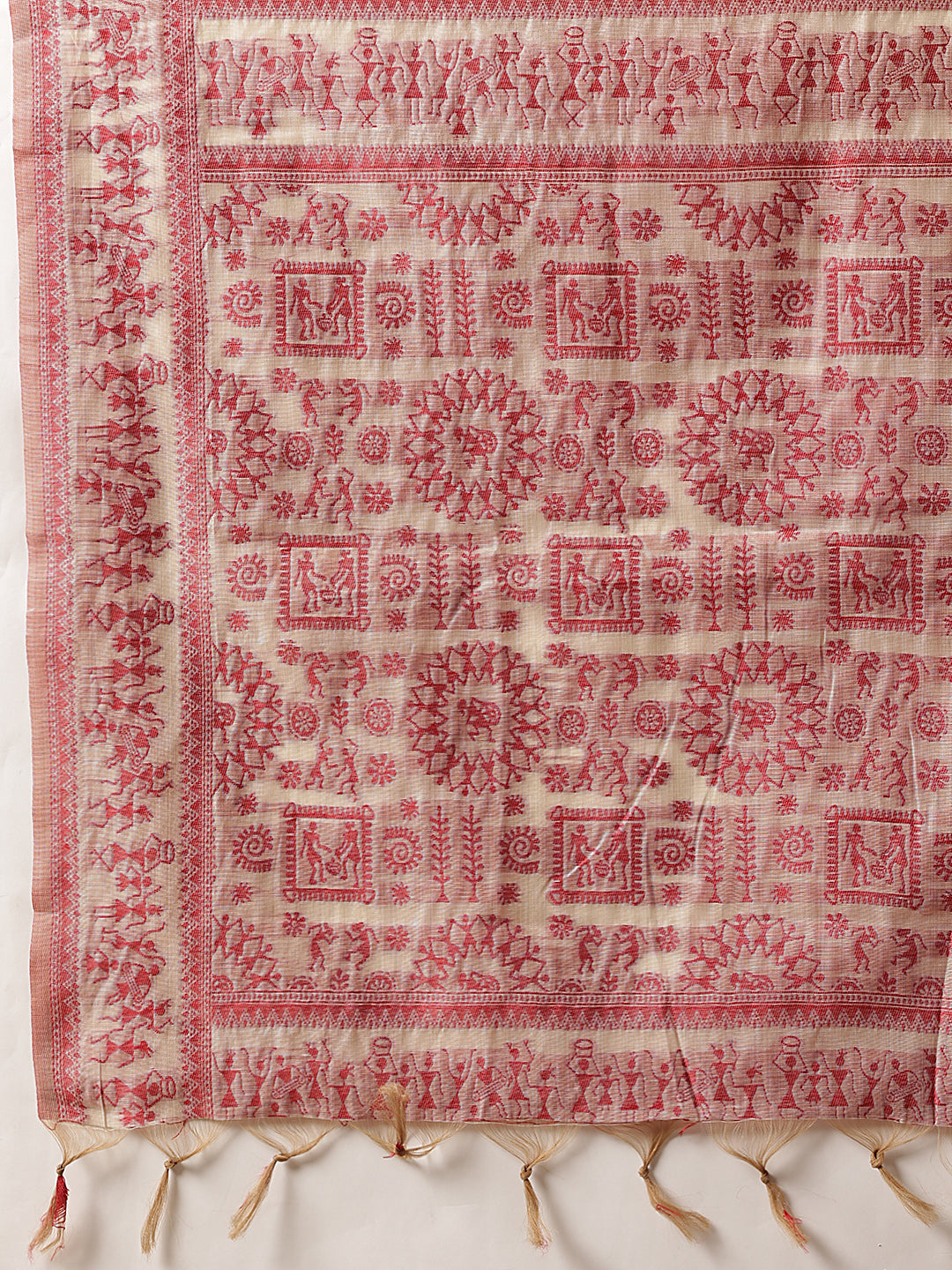 Cotton Blend Woven Design Handloom Premium Jamdani Saree With Tassels
