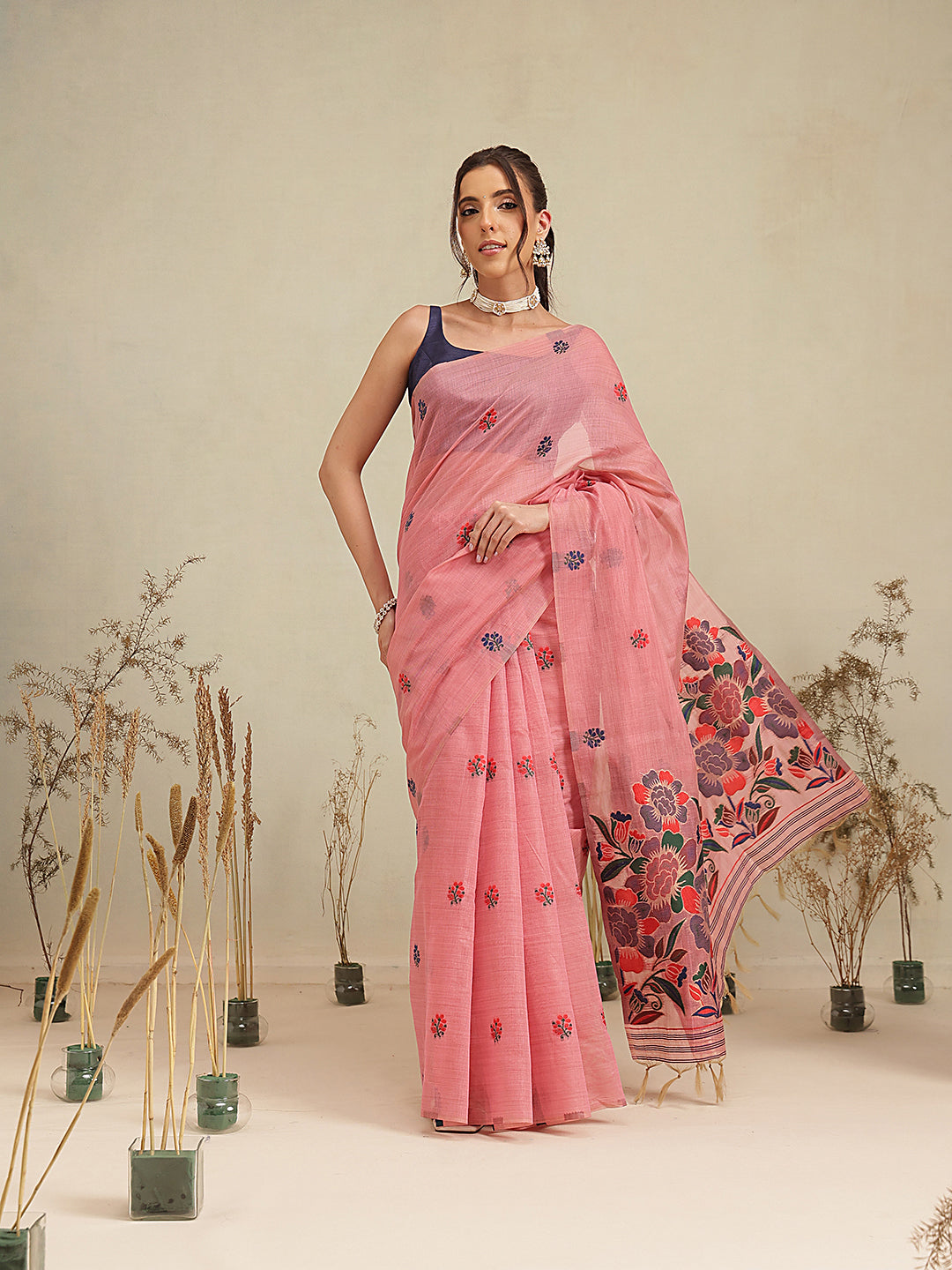 Cotton Blend Woven Design Handloom Premium Jamdani Saree With Tassels