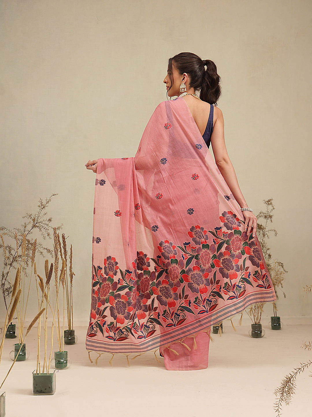 Cotton Blend Woven Design Handloom Premium Jamdani Saree With Tassels