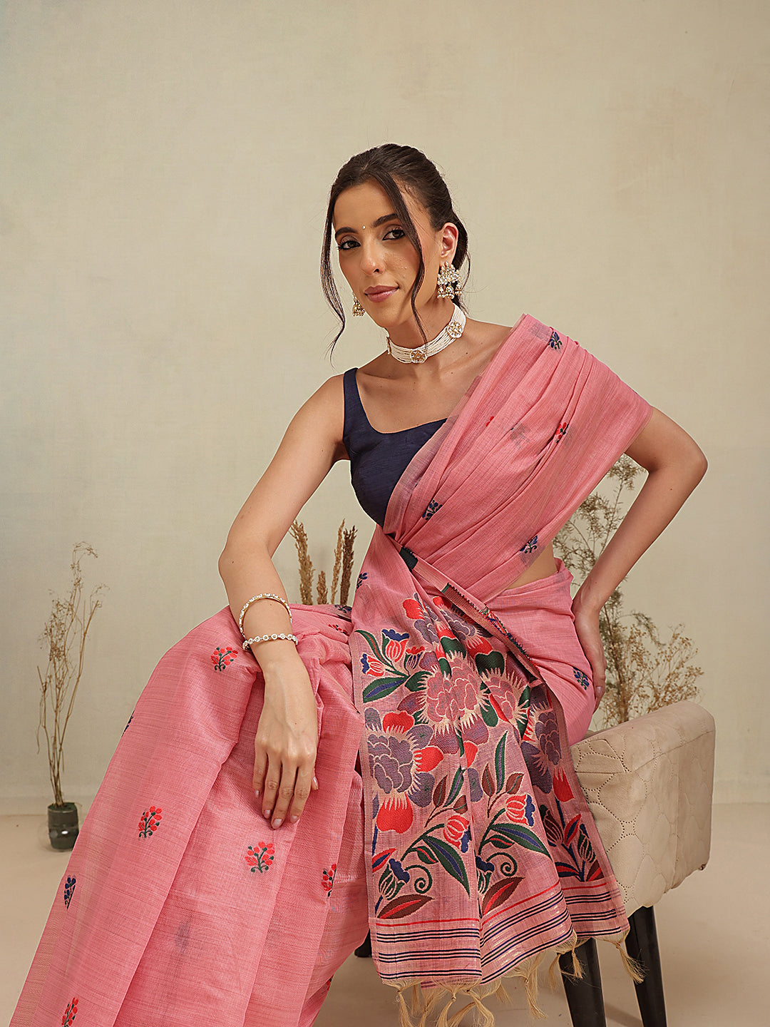 Cotton Blend Woven Design Handloom Premium Jamdani Saree With Tassels