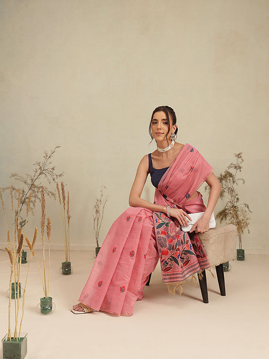 Cotton Blend Woven Design Handloom Premium Jamdani Saree With Tassels