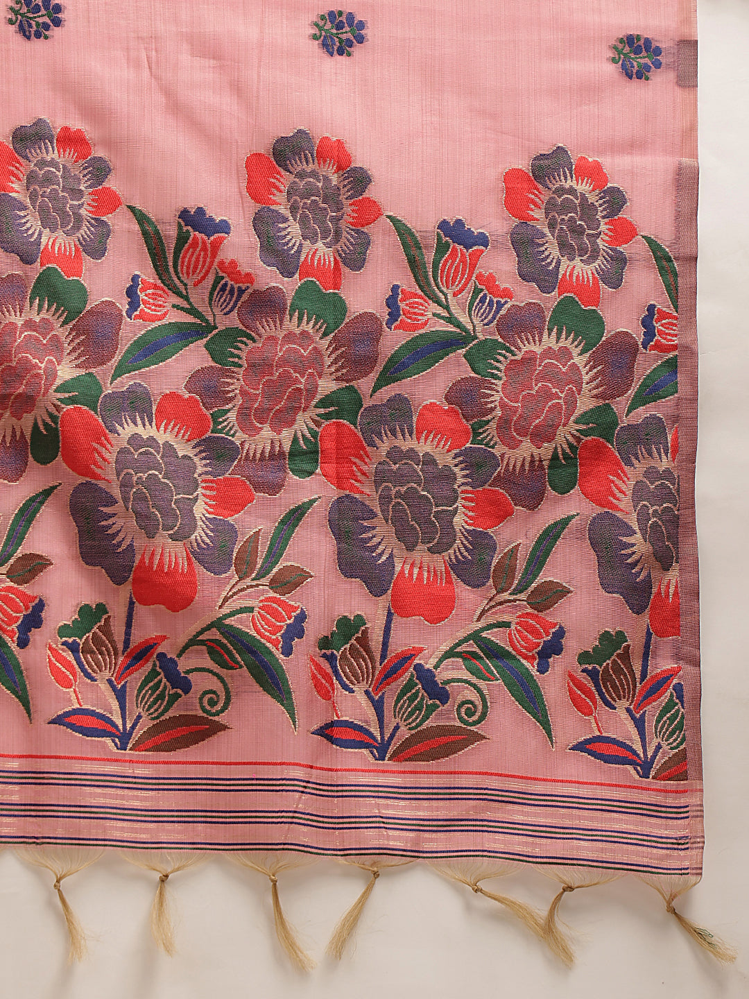 Cotton Blend Woven Design Handloom Premium Jamdani Saree With Tassels