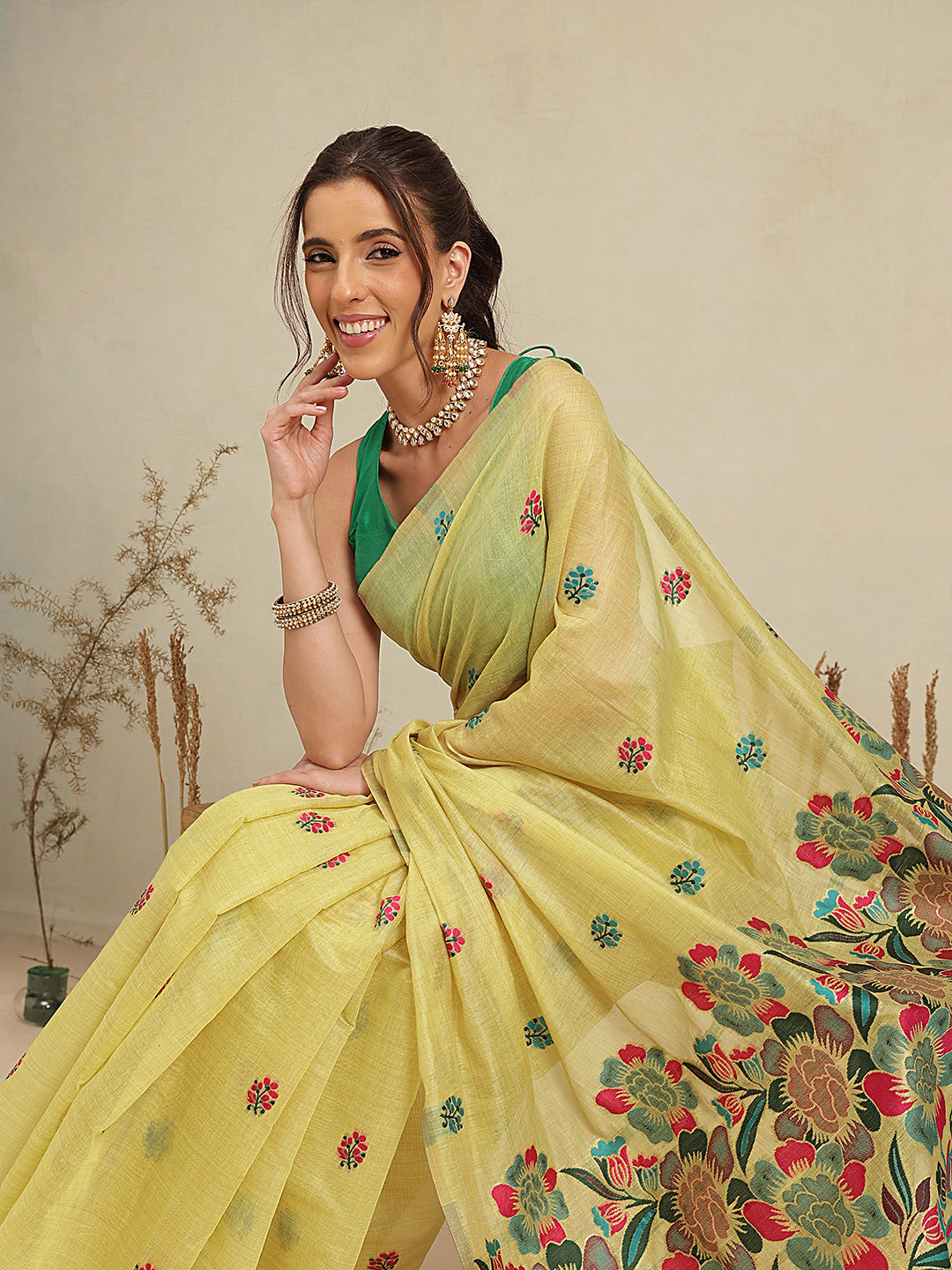 Cotton Blend Woven Design Handloom Premium Jamdani Saree With Tassels