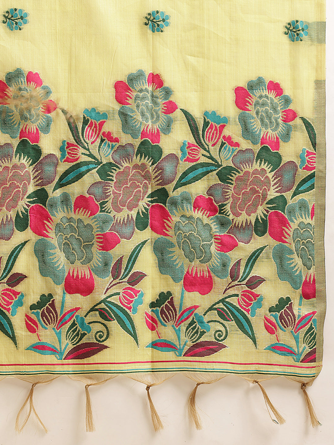 Cotton Blend Woven Design Handloom Premium Jamdani Saree With Tassels