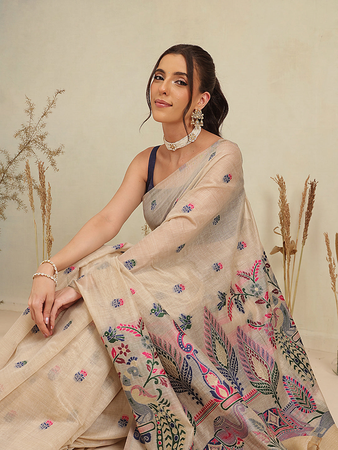 Cotton Blend Woven Design Handloom Premium Jamdani Saree With Tassels