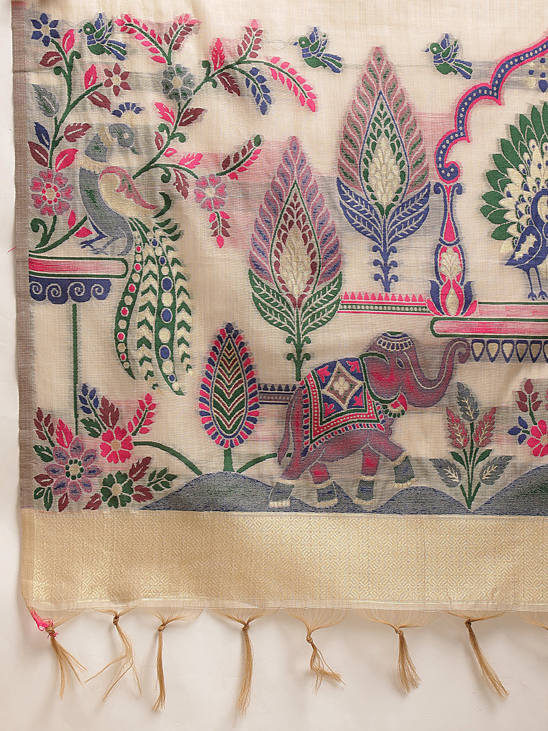 Cotton Blend Woven Design Handloom Premium Jamdani Saree With Tassels