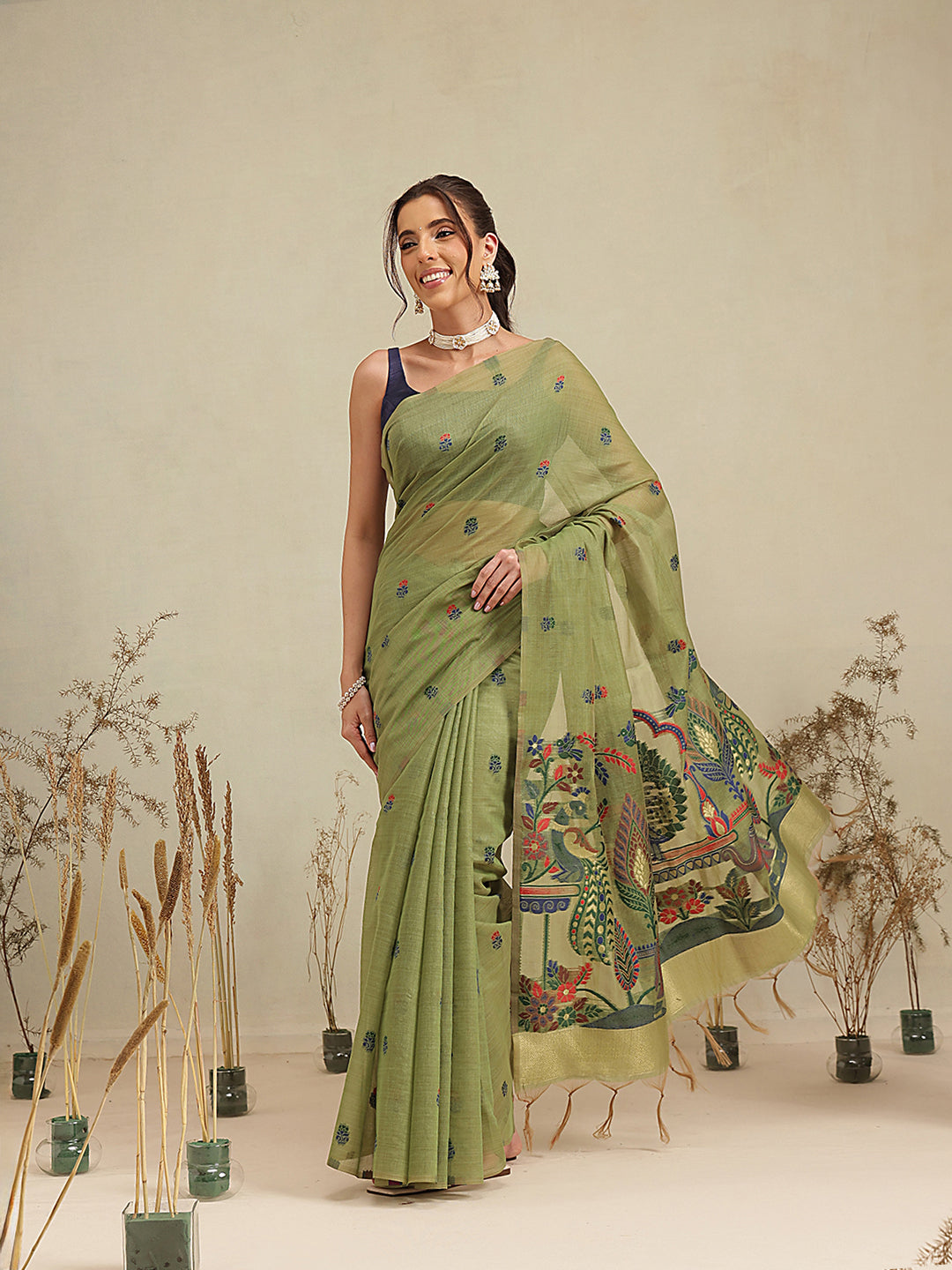 Cotton Blend Woven Design Handloom Premium Jamdani Saree With Tassels