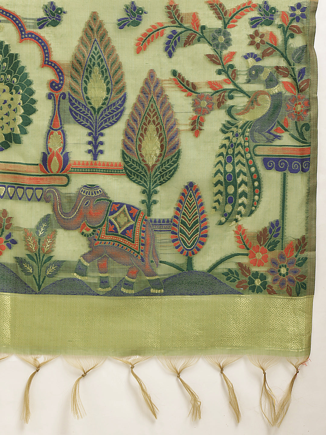 Cotton Blend Woven Design Handloom Premium Jamdani Saree With Tassels