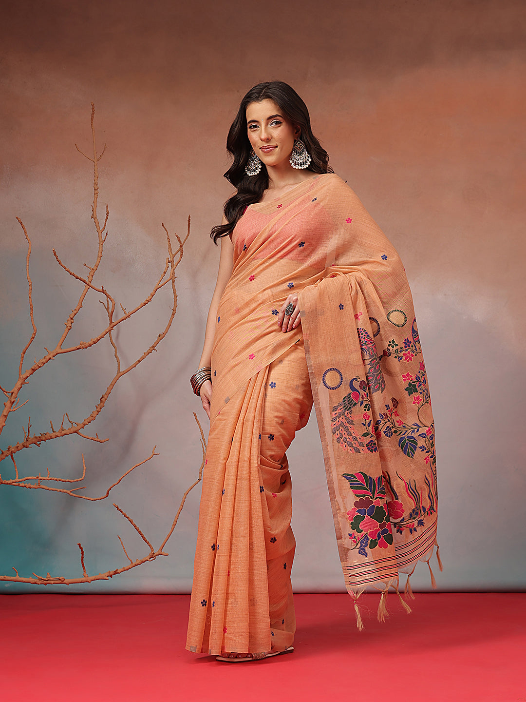 Cotton Blend Woven Design Handloom Premium Jamdani Saree With Tassels