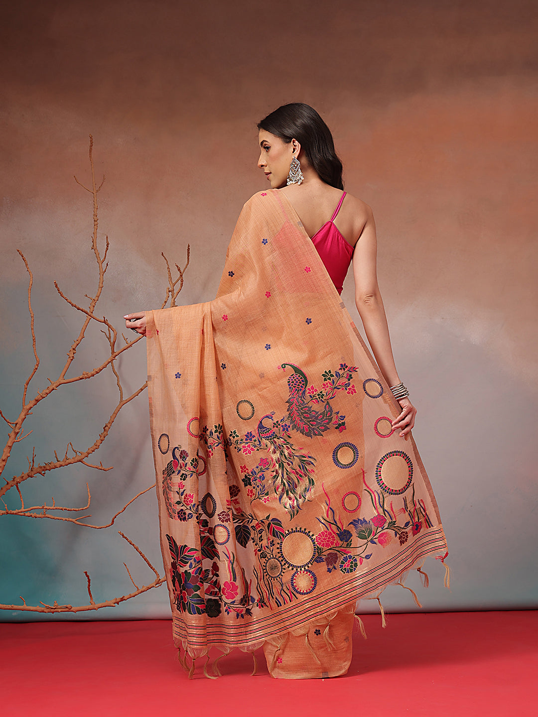 Cotton Blend Woven Design Handloom Premium Jamdani Saree With Tassels