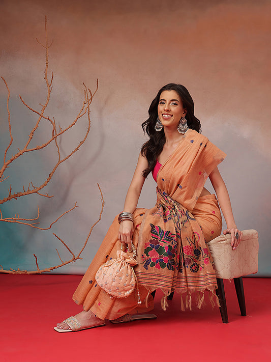 Cotton Blend Woven Design Handloom Premium Jamdani Saree With Tassels