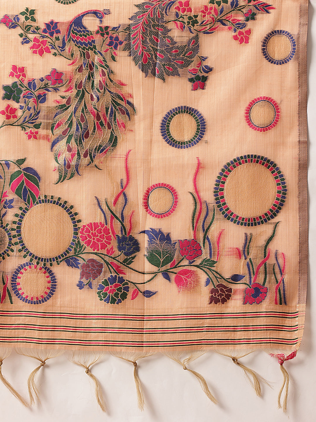 Cotton Blend Woven Design Handloom Premium Jamdani Saree With Tassels
