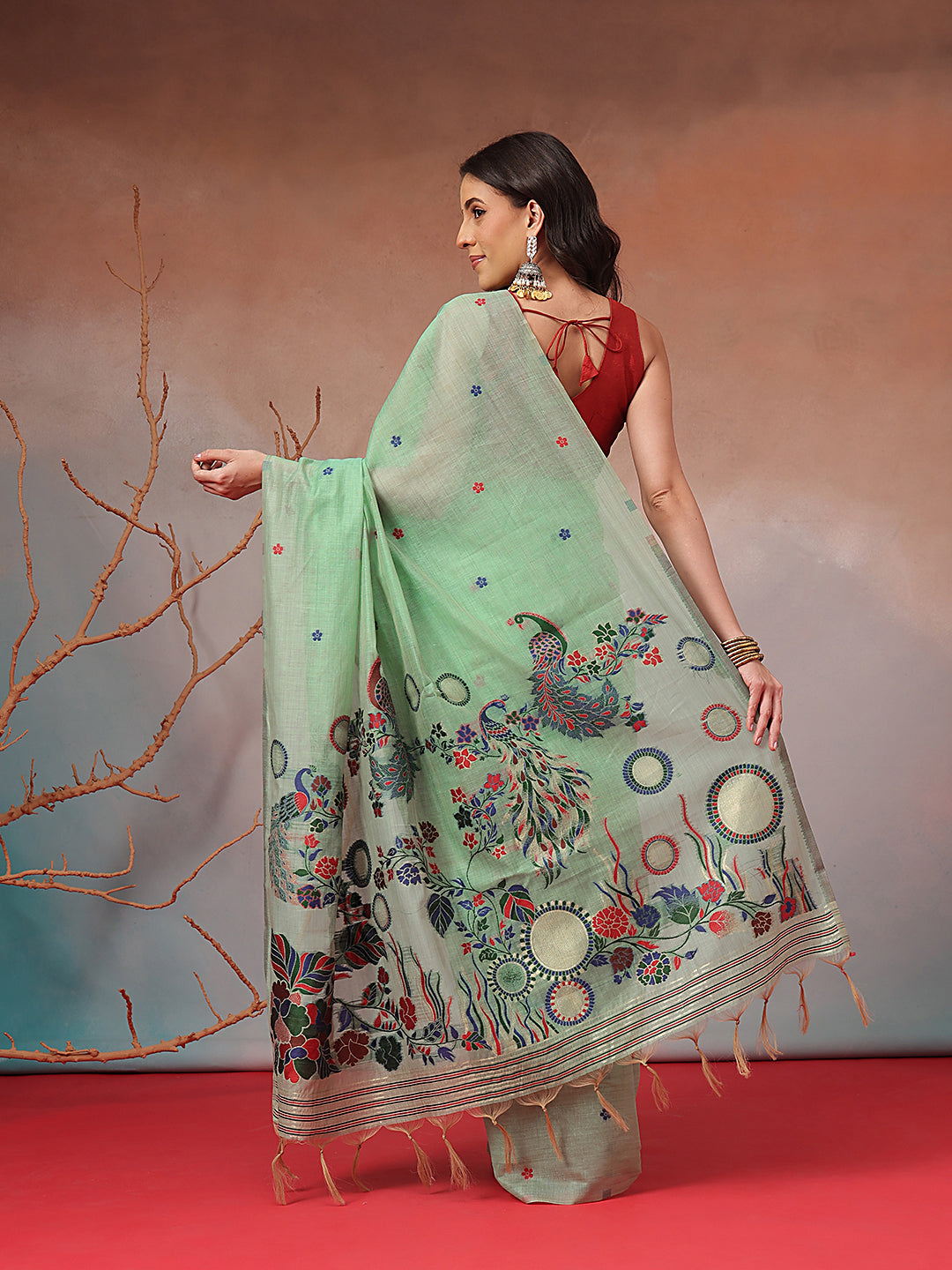 Cotton Blend Woven Design Handloom Premium Jamdani Saree With Tassels