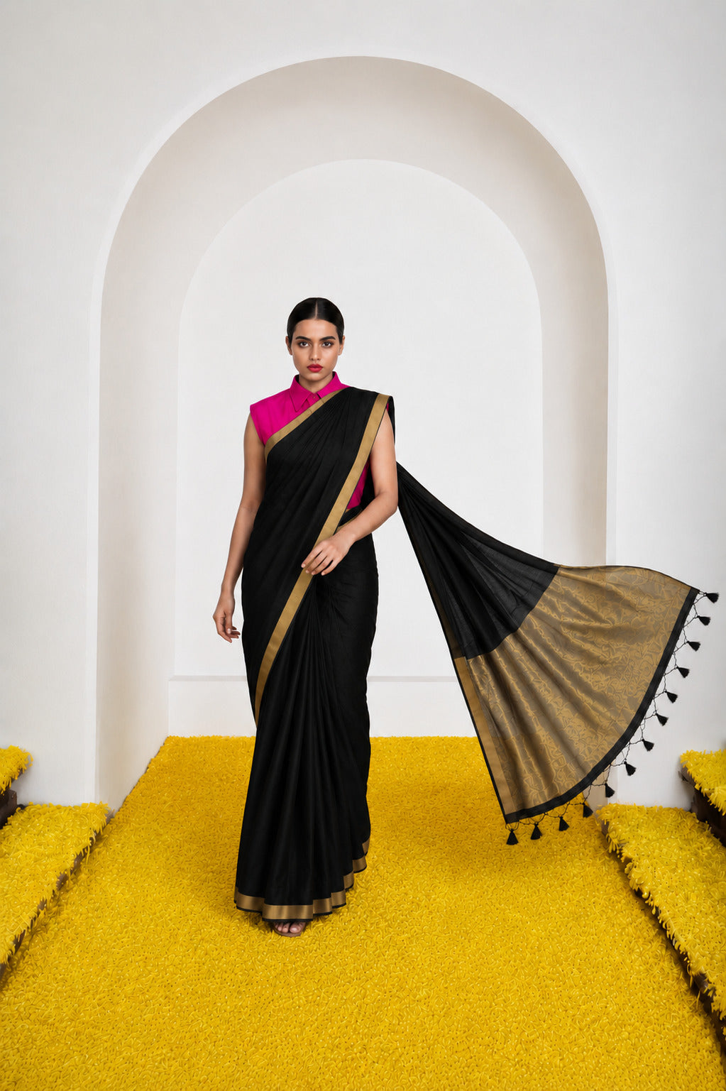 Women's Cotton Silk Saree with Rich Zari Woven Pallu, Elegant Golden Border & Tassels
