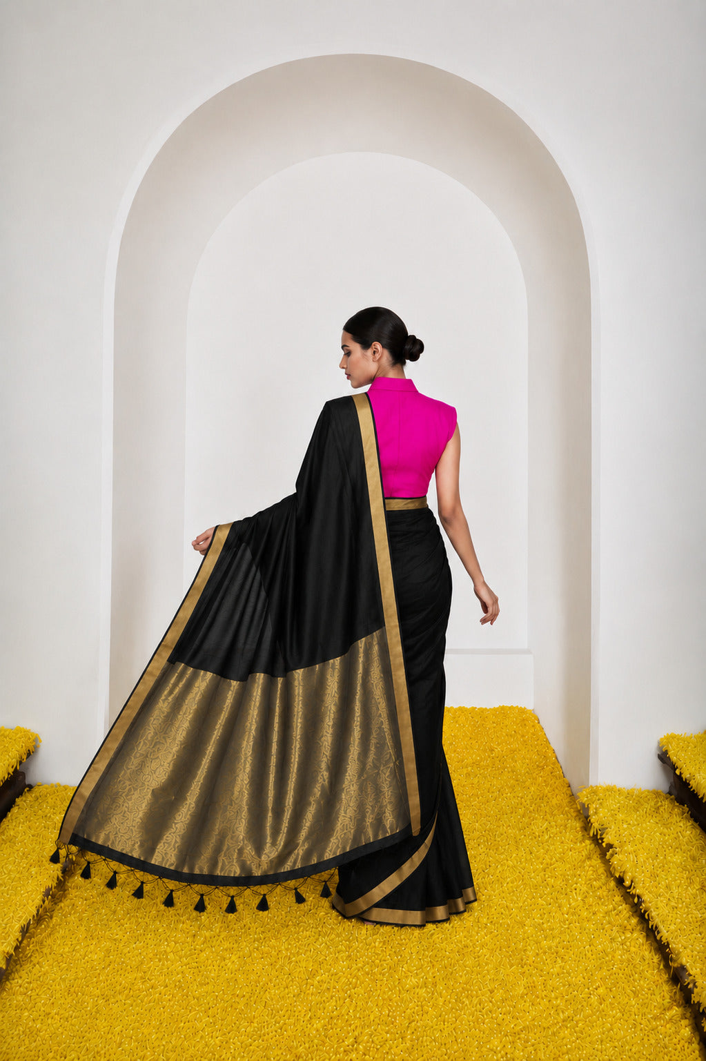 Women's Cotton Silk Saree with Rich Zari Woven Pallu, Elegant Golden Border & Tassels