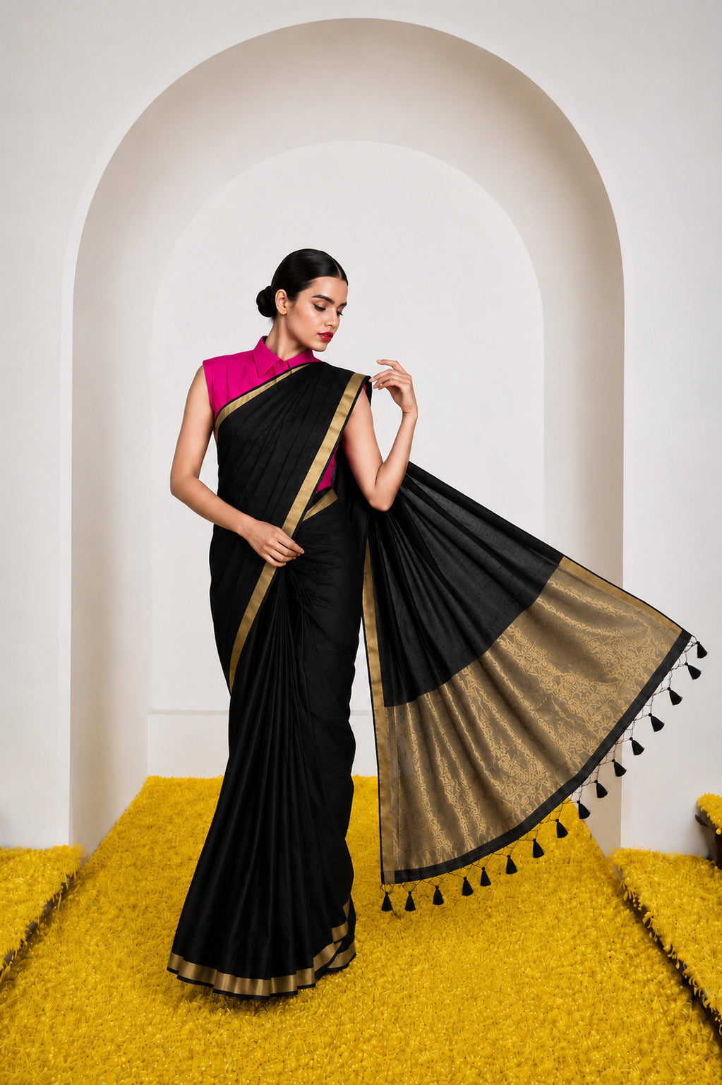 Women's Cotton Silk Saree with Rich Zari Woven Pallu, Elegant Golden Border & Tassels