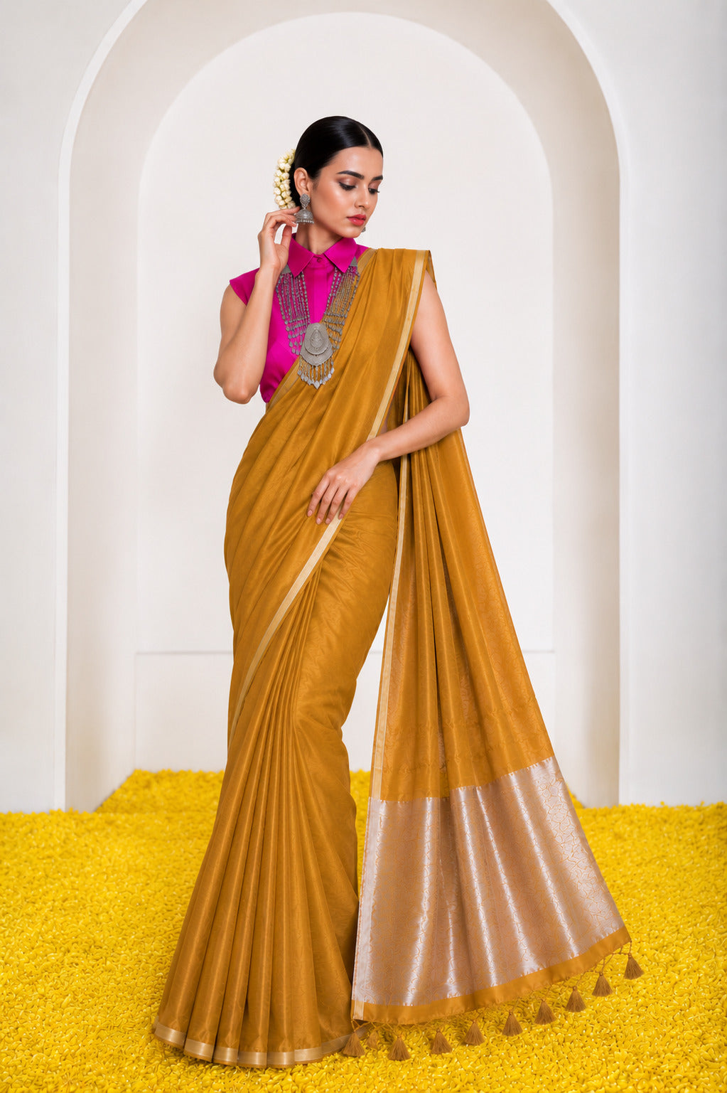 Women's Cotton Silk Saree with Rich Zari Woven Pallu, Elegant Golden Border & Tassels
