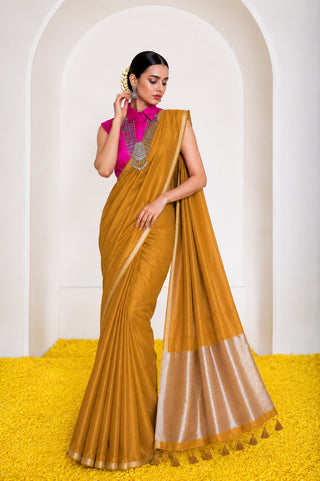 Women's Cotton Silk Saree with Rich Zari Woven Pallu, Elegant Golden Border & Tassels – Mustard