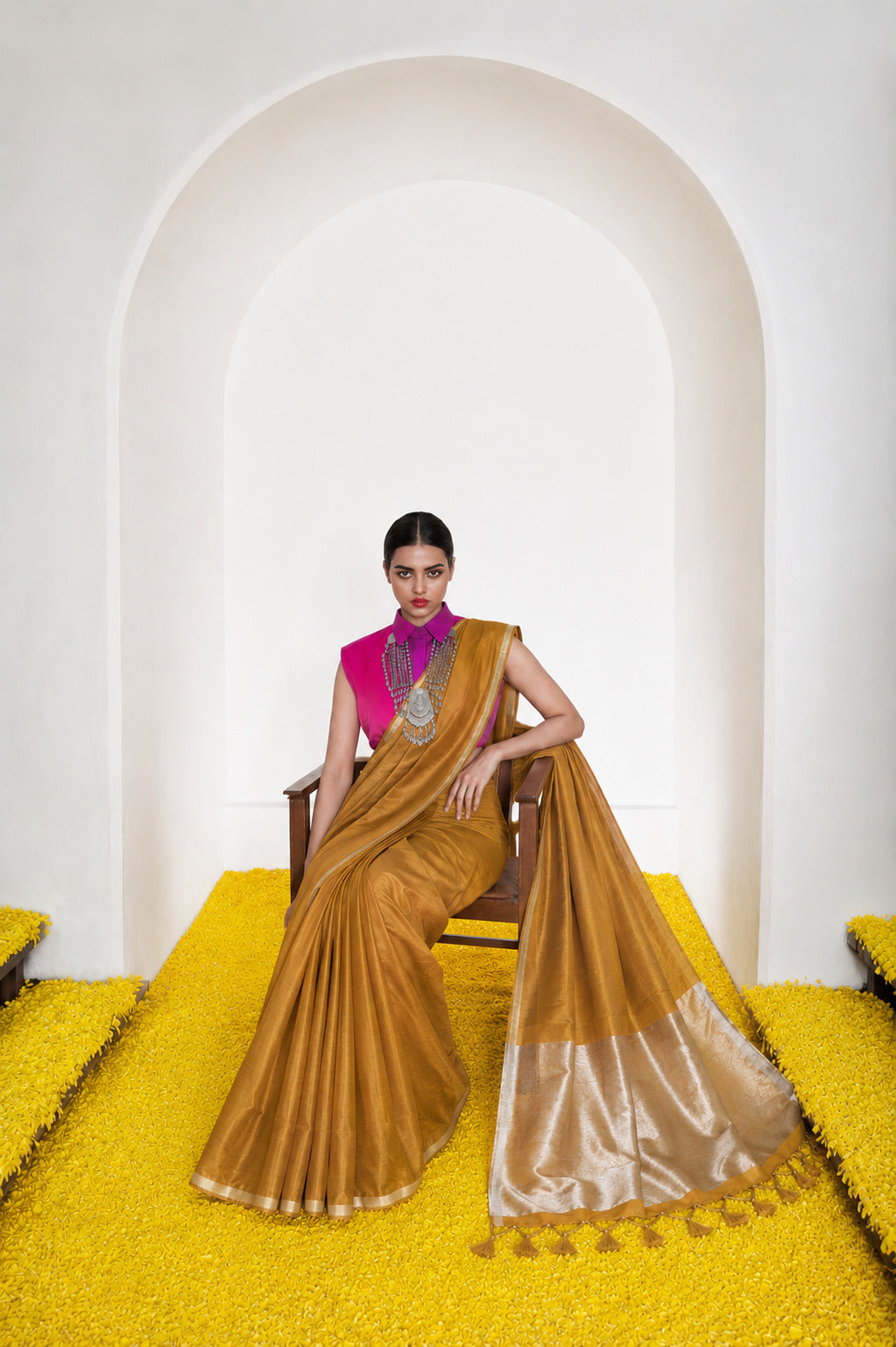 Women's Cotton Silk Saree with Rich Zari Woven Pallu, Elegant Golden Border & Tassels