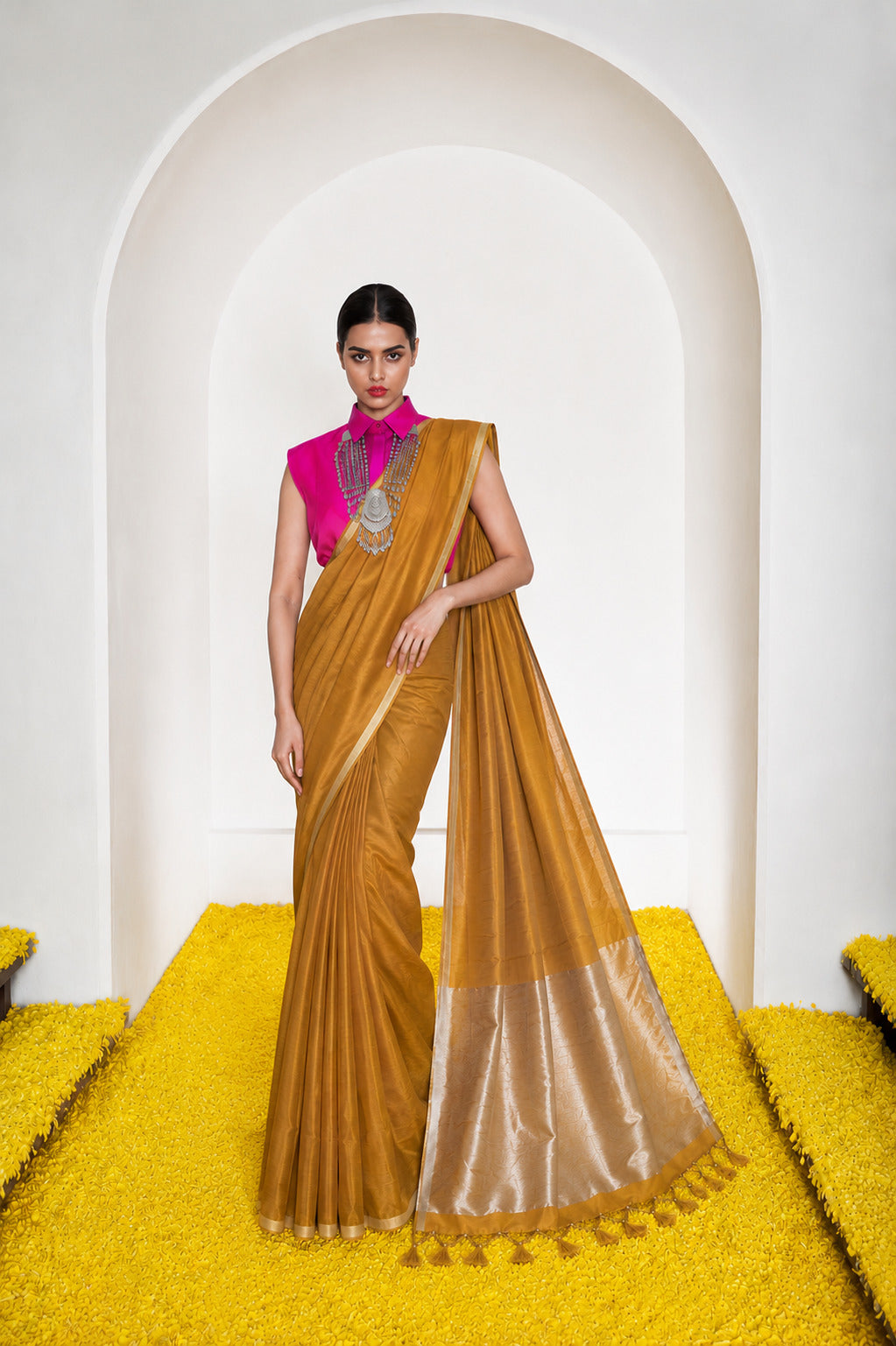Women's Cotton Silk Saree with Rich Zari Woven Pallu, Elegant Golden Border & Tassels