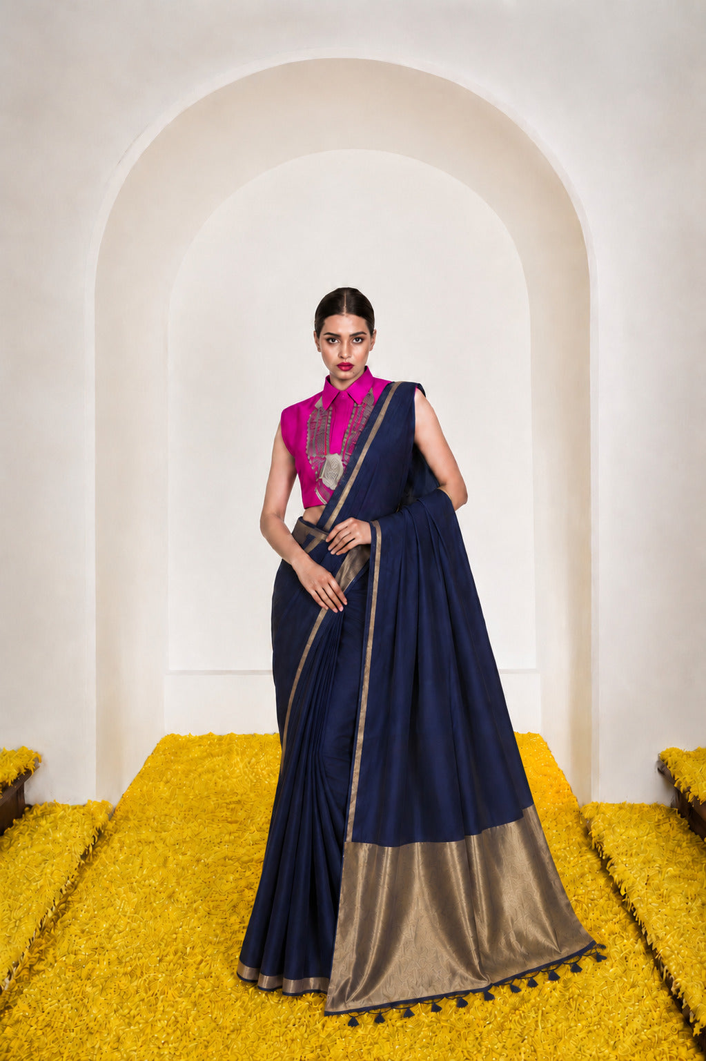 Women's Cotton Silk Saree with Rich Zari Woven Pallu, Elegant Golden Border & Tassels