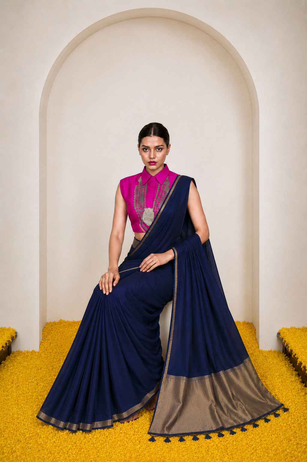 Women's Cotton Silk Saree with Rich Zari Woven Pallu, Elegant Golden Border & Tassels
