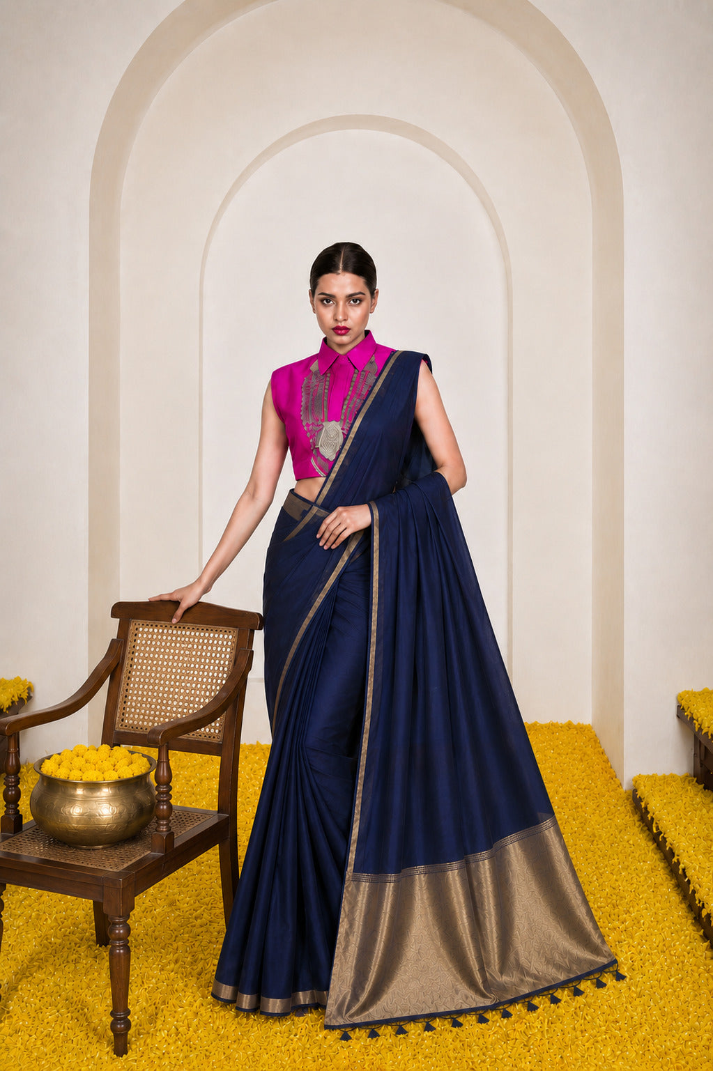 Women's Cotton Silk Saree with Rich Zari Woven Pallu, Elegant Golden Border & Tassels