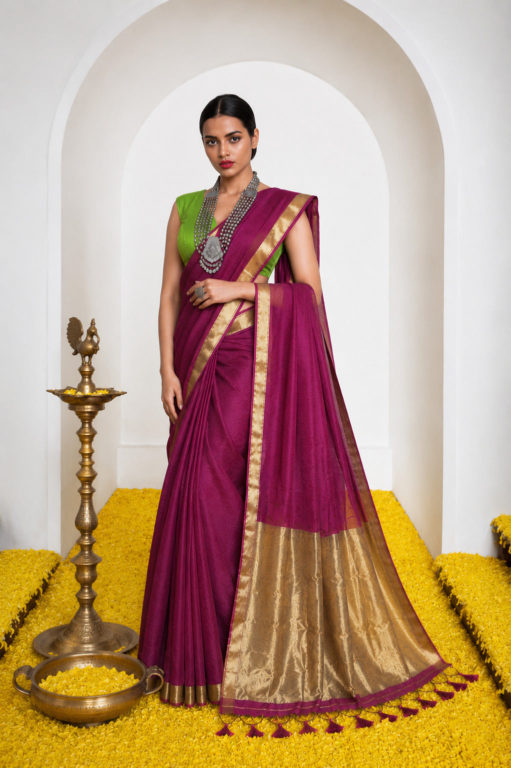 Women's Cotton Silk Saree with Rich Zari Woven Pallu, Elegant Golden Border & Tassels