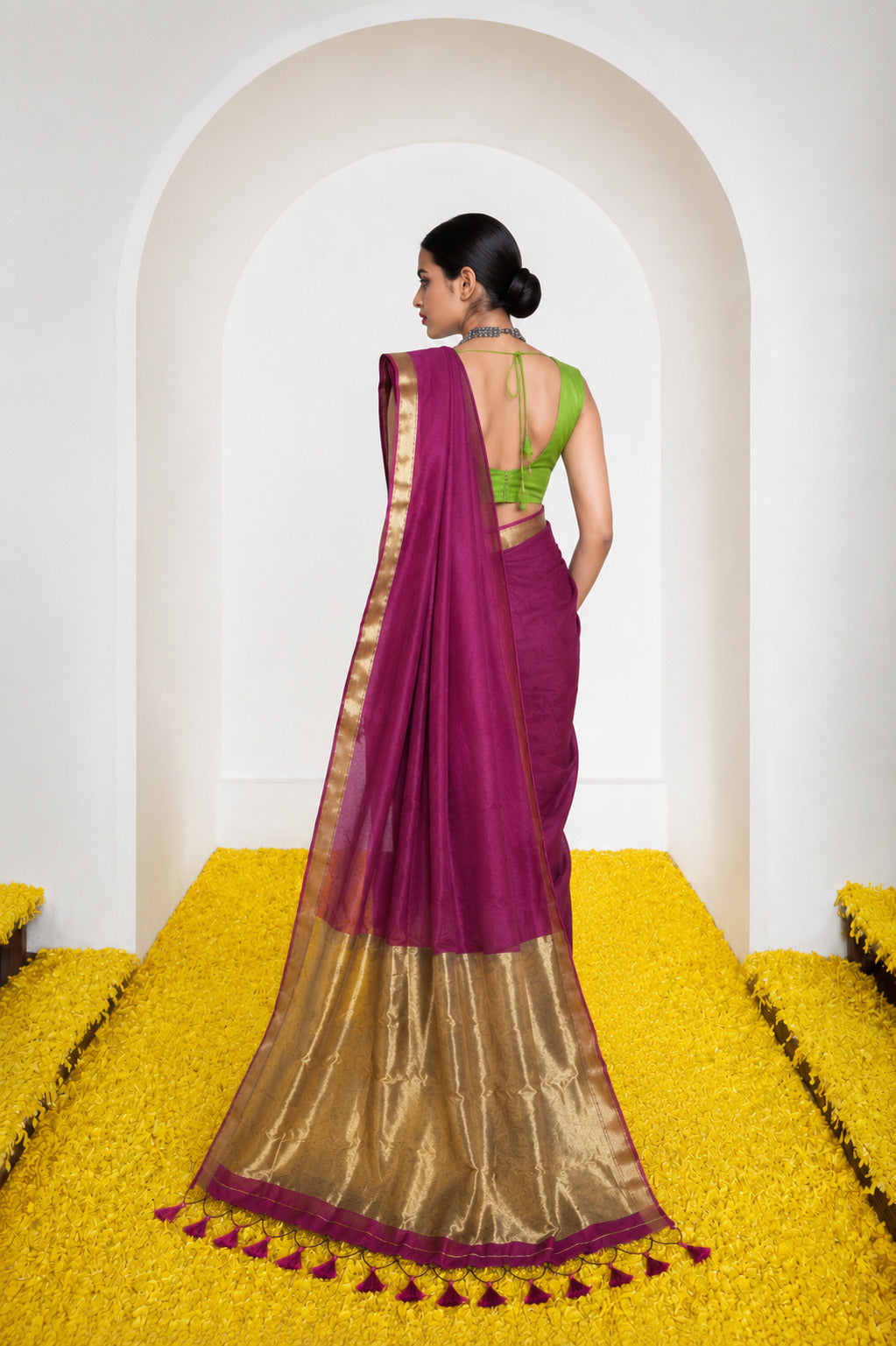 Women's Cotton Silk Saree with Rich Zari Woven Pallu, Elegant Golden Border & Tassels