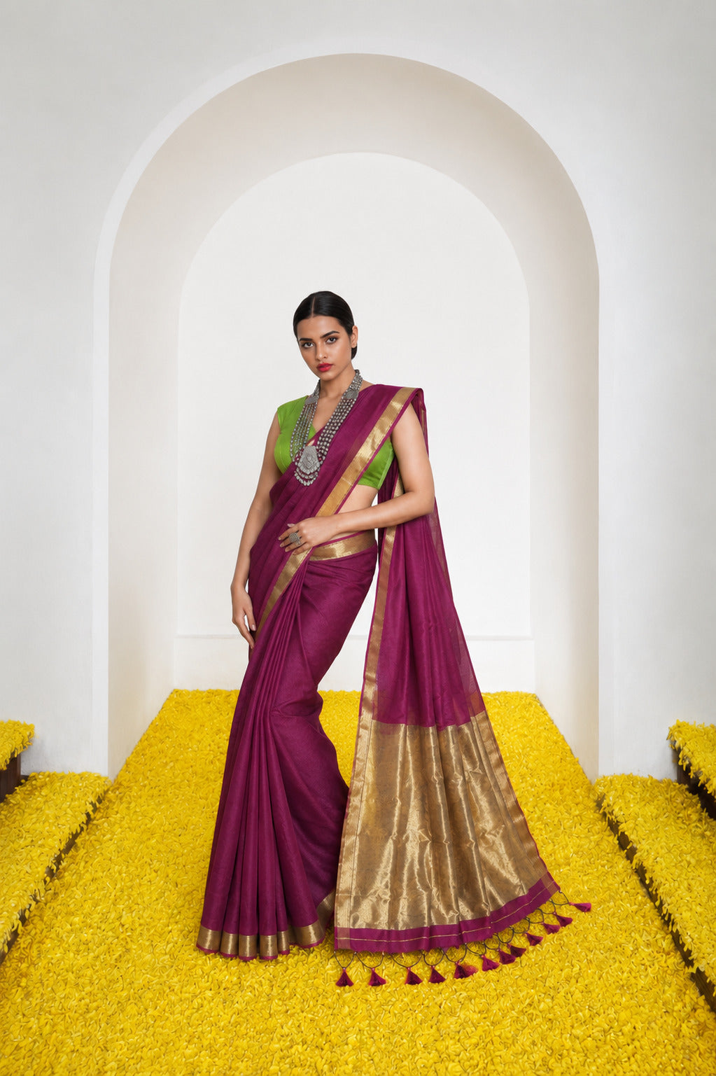 Women's Cotton Silk Saree with Rich Zari Woven Pallu, Elegant Golden Border & Tassels
