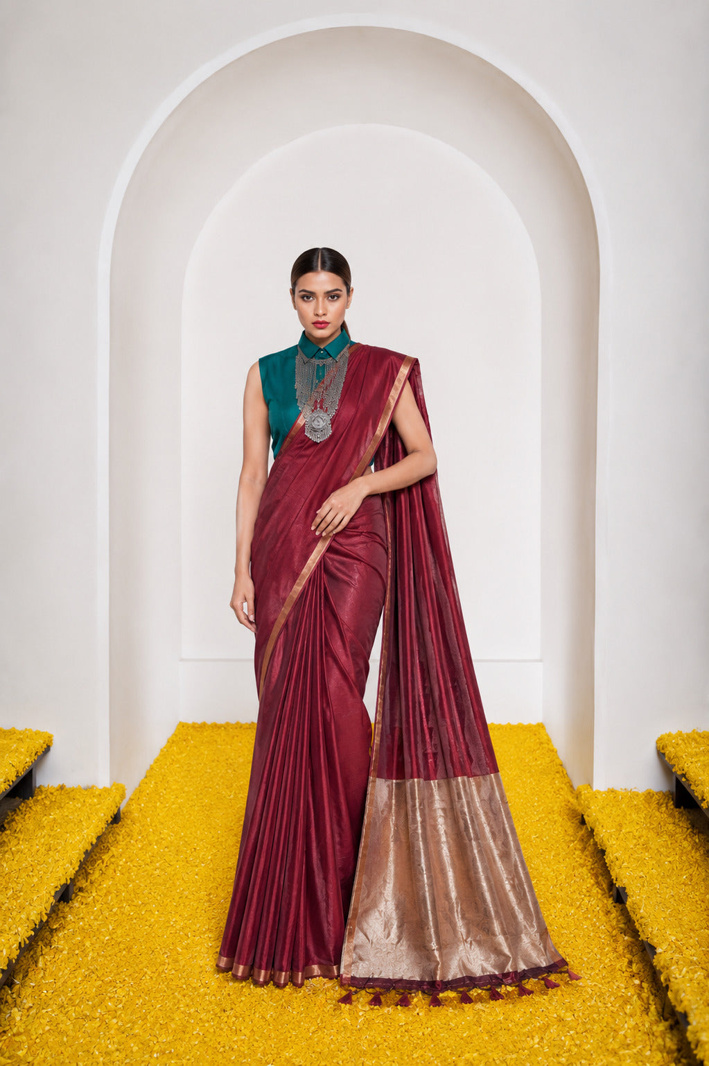 Women's Cotton Silk Saree with Rich Zari Woven Pallu, Elegant Golden Border & Tassels