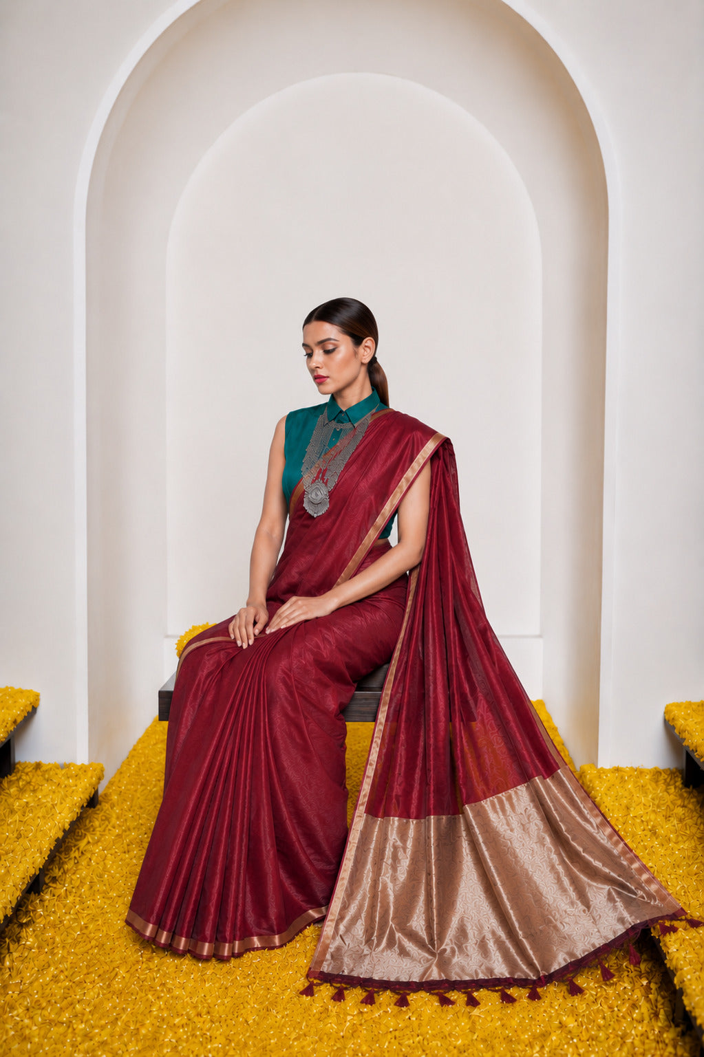 Women's Cotton Silk Saree with Rich Zari Woven Pallu, Elegant Golden Border & Tassels
