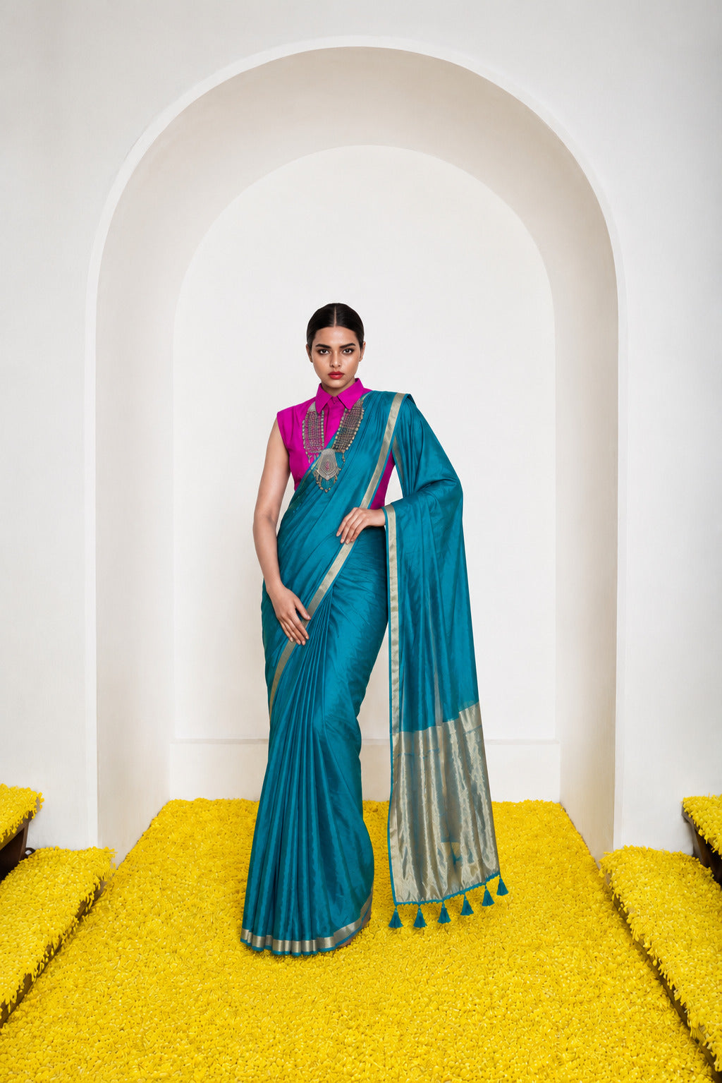 Women's Cotton Silk Saree with Rich Zari Woven Pallu, Elegant Golden Border & Tassels