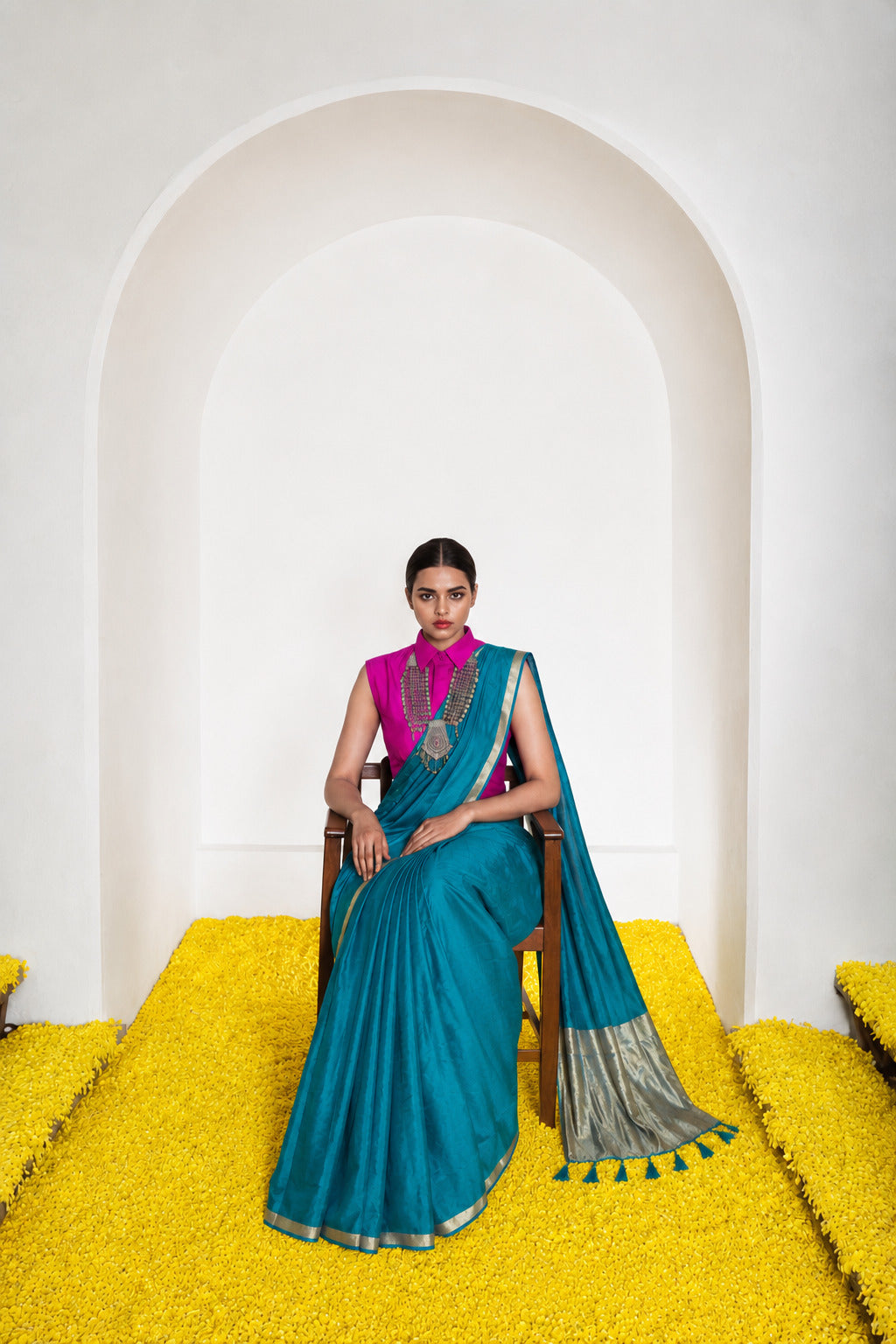 Women's Cotton Silk Saree with Rich Zari Woven Pallu, Elegant Golden Border & Tassels