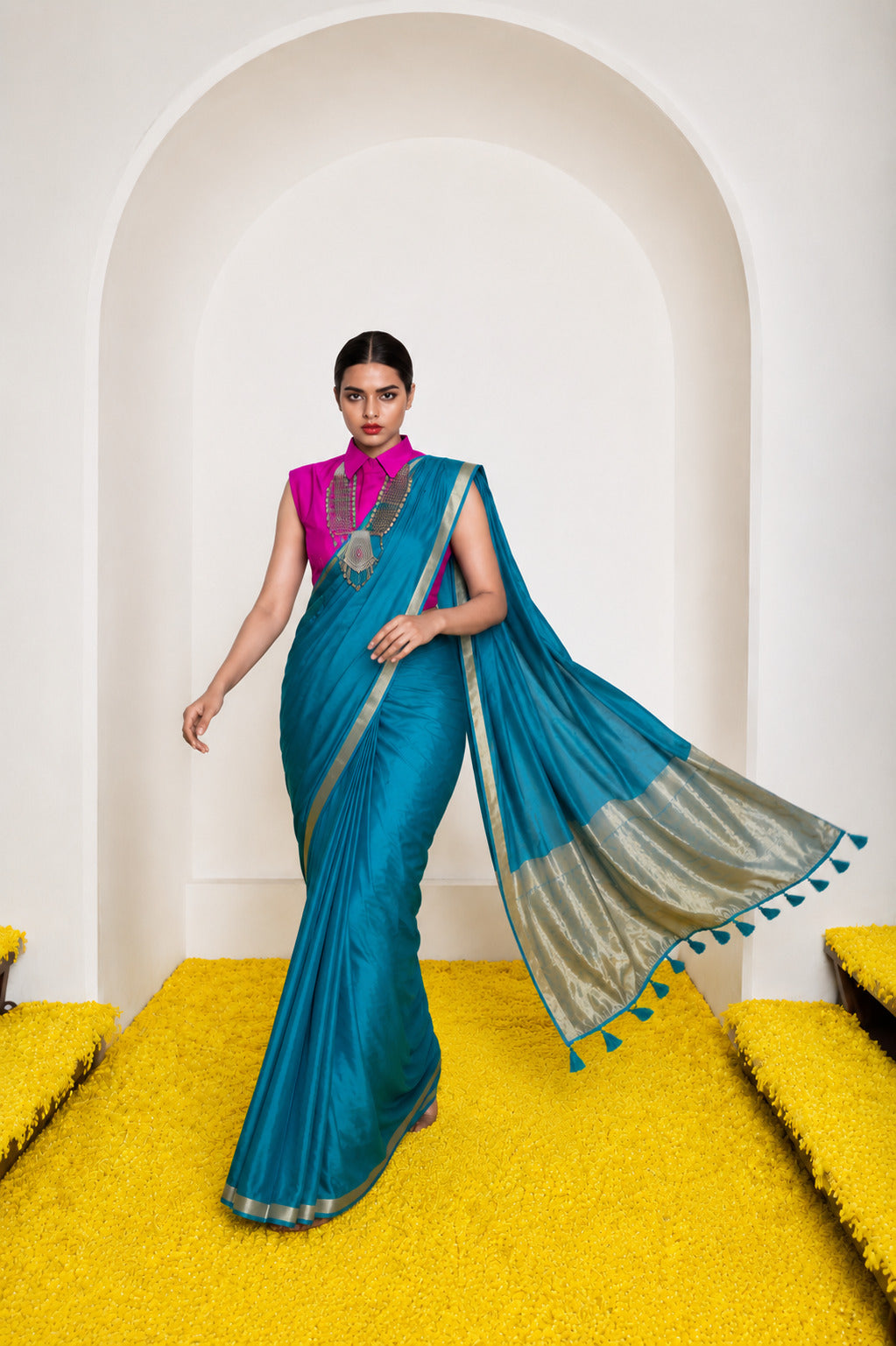 Women's Cotton Silk Saree with Rich Zari Woven Pallu, Elegant Golden Border & Tassels