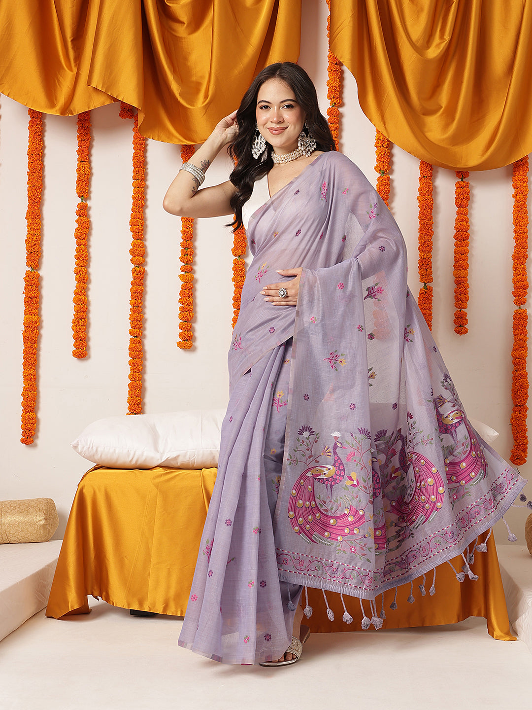 Handloom Inspired Premium Cotton Saree With Animal Motifs – Purple