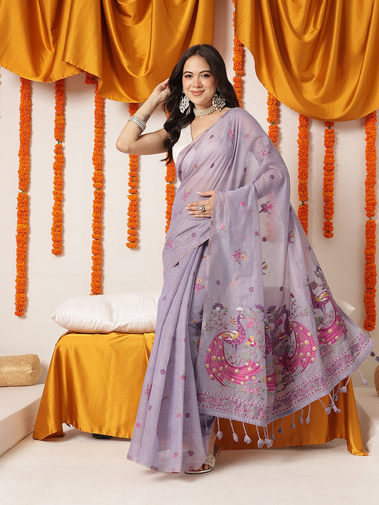 Handloom Inspired Premium Cotton Saree With Animal Motifs – Purple