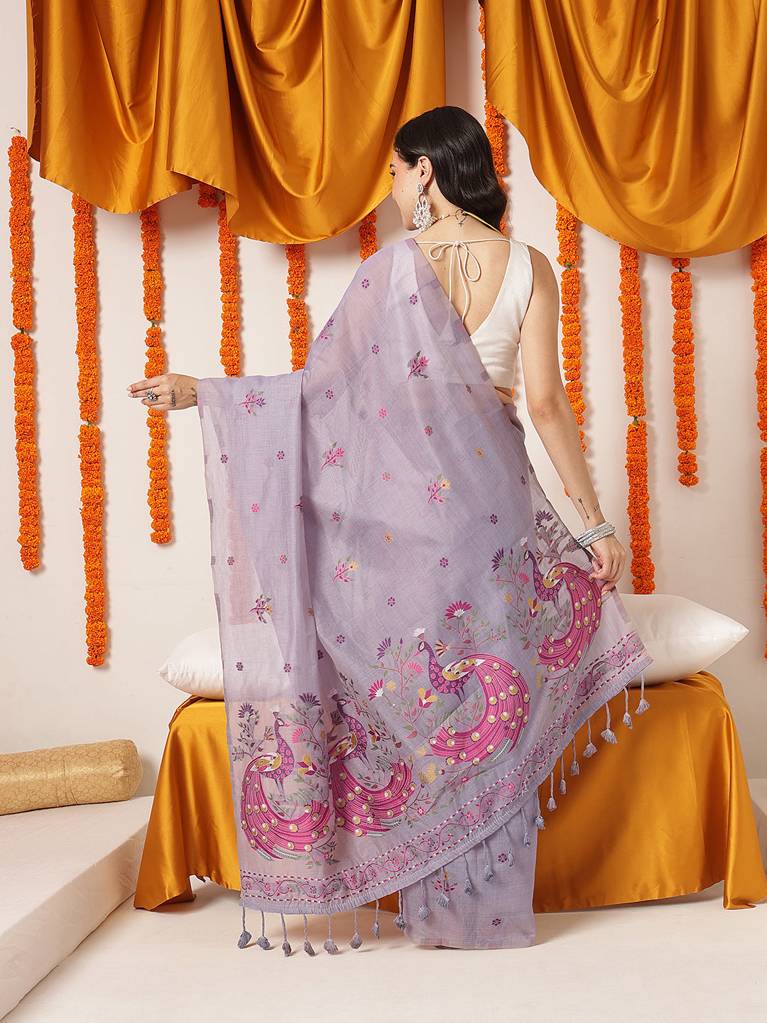 Handloom Inspired Premium Cotton Saree With Animal Motifs – Purple – view 4