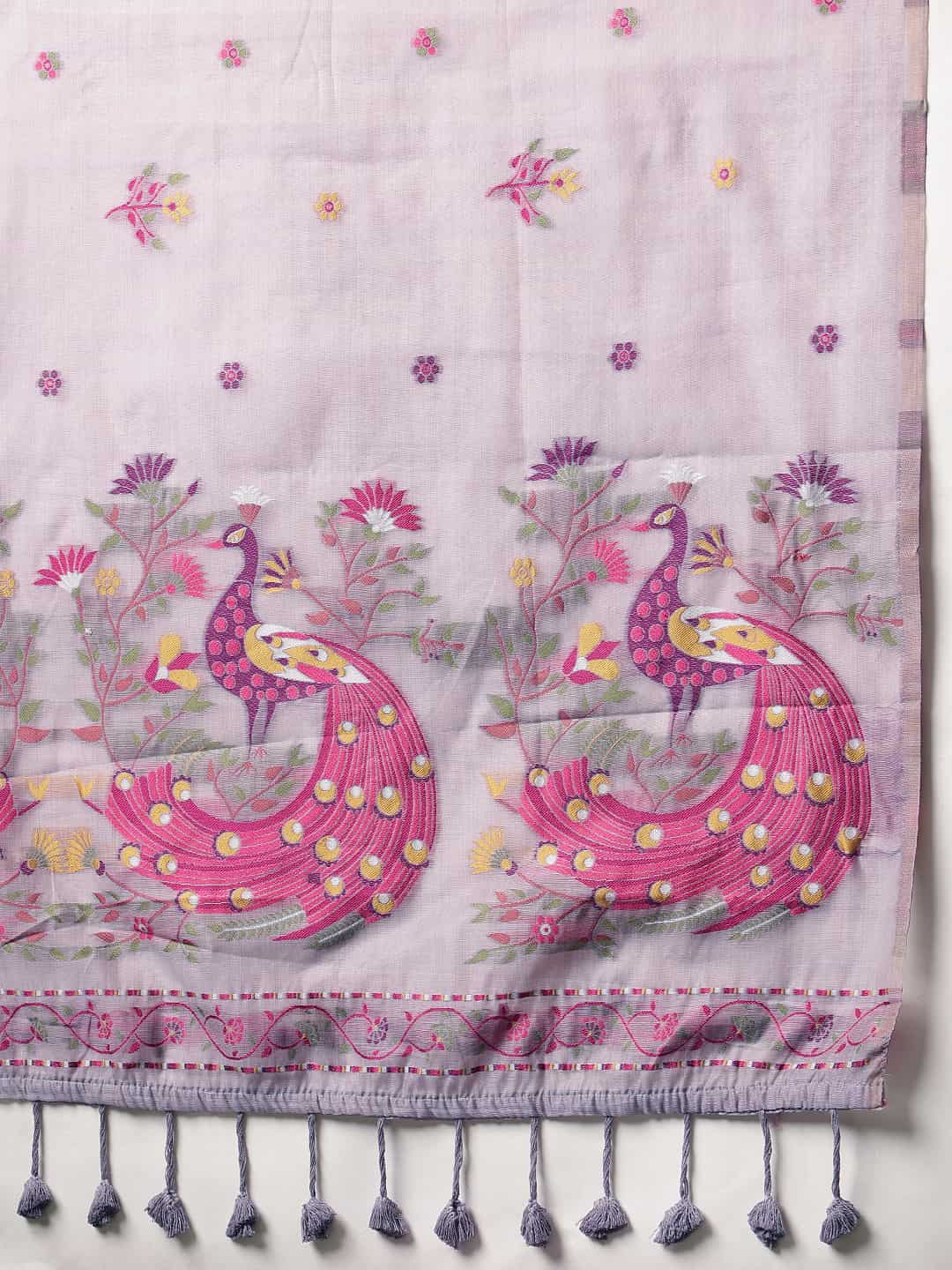 Handloom Inspired Premium Cotton Saree With Animal Motifs – Purple – view 6