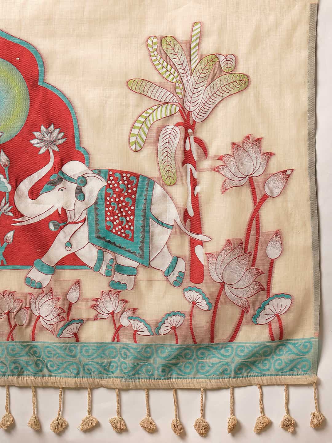 Handloom Inspired Premium Cotton Saree With Animal Motifs – Beige – view 6