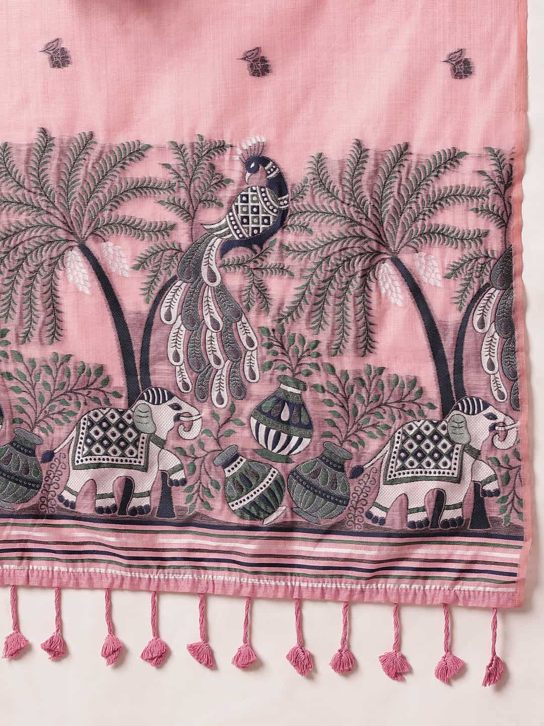 Handloom Inspired Premium Cotton Saree With Animal Motifs – Pink – view 6