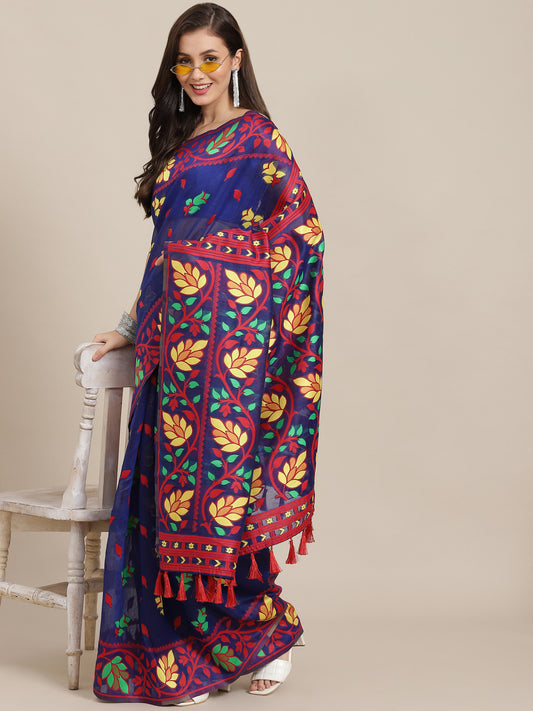 Women's Pure Cotton Jamdani Saree With Unstitched Blouse Piece