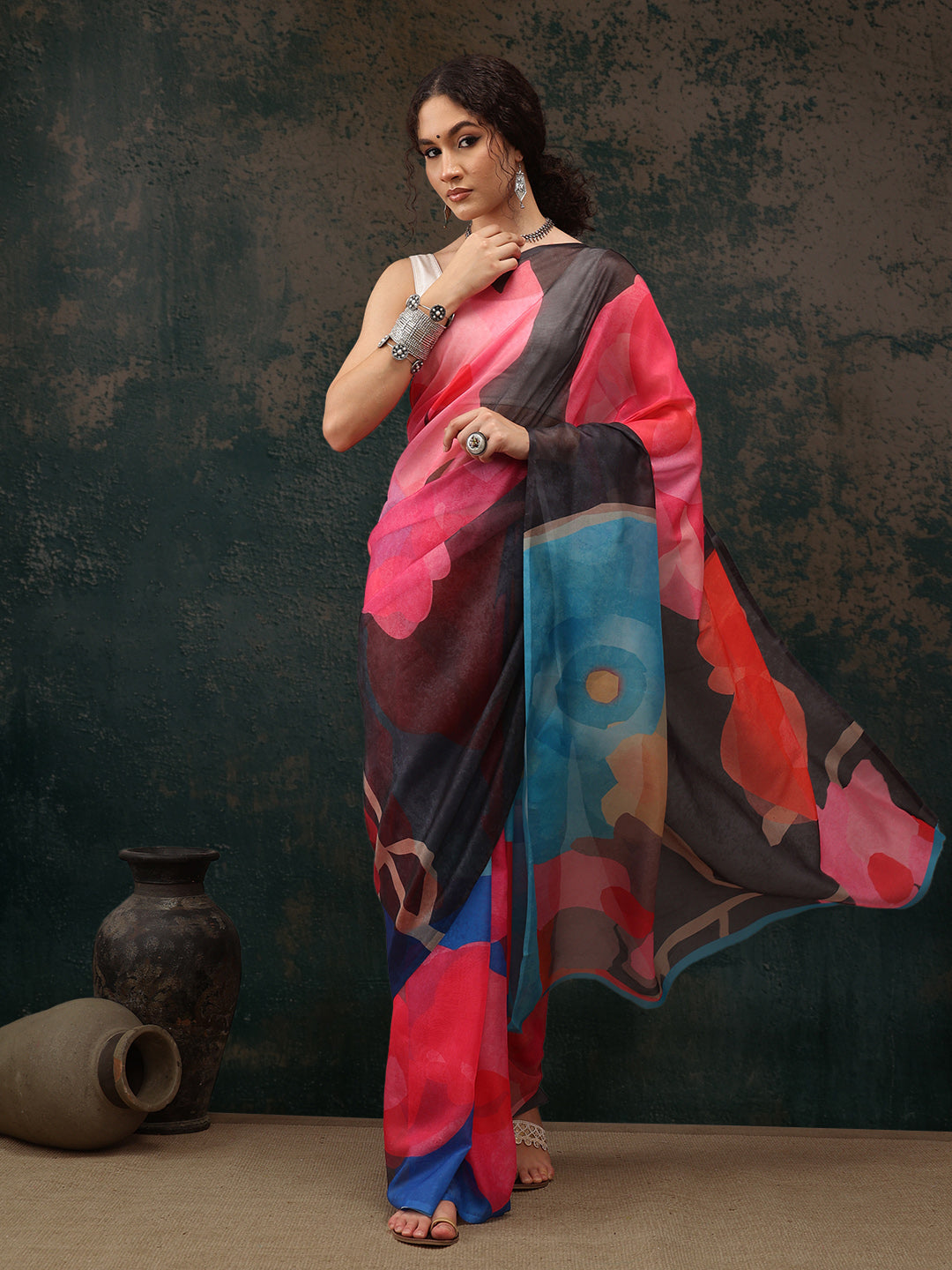 Abstract Chanderi Polyester Silk Saree